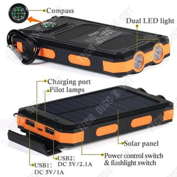 TD® batterie externe solaire haute capacité etanche 8000mAh iphone chargeur portable de secours samsung powerbank telephone waterpro